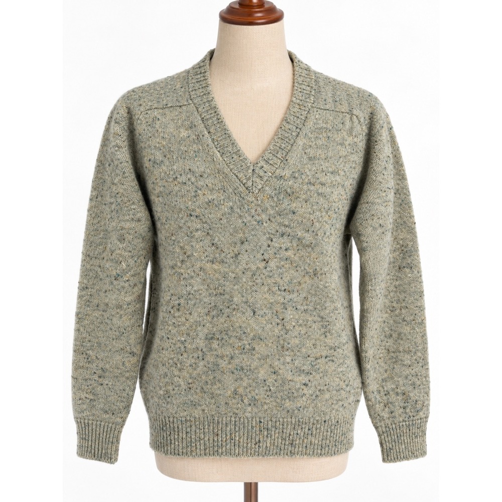 Alan Paine Sweater Mens 40 Small Green Shetland Wool V-Neck Donegal Fleck Vtg